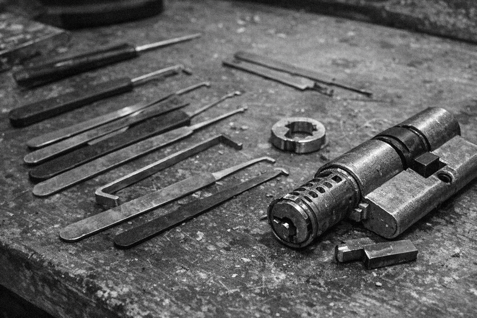 Werkzeuge zur Schlossmontage in klassischer Schwarz-Weiß-Aufnahme