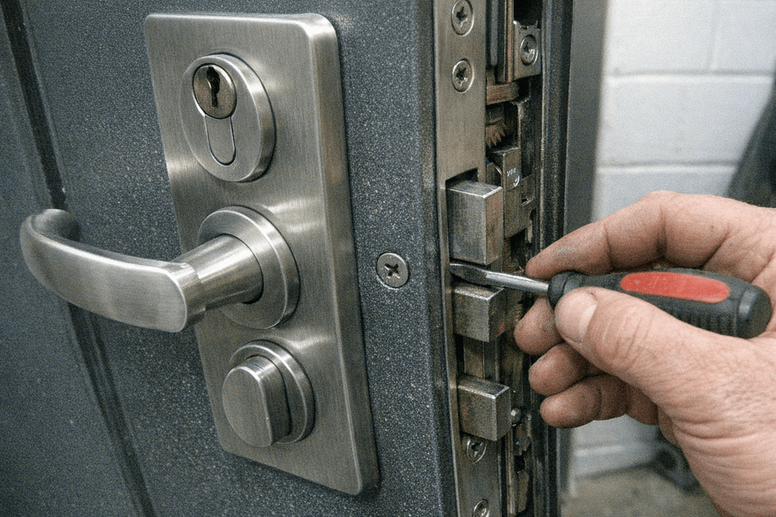 Sicherheitsbeschlag und Riegelwerk während der professionellen Inspektion